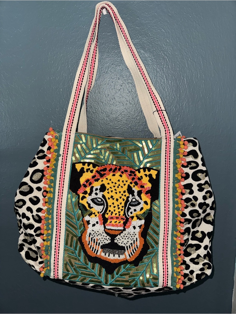 Leopard Beaded Canvas Tote Bag - Multicolor